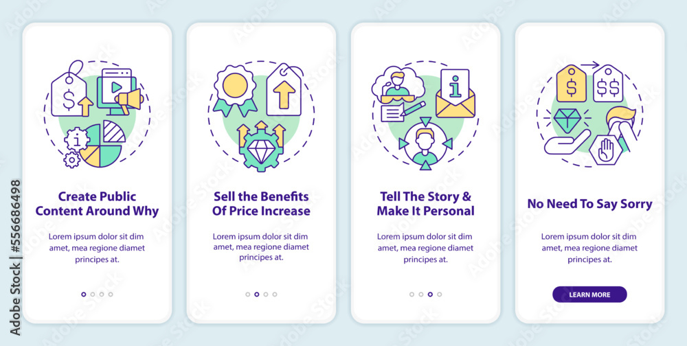 Raise prices without losing customers onboarding mobile app screen. Walkthrough 4 steps editable graphic instructions with linear concepts. UI, UX, GUI template. Myriad Pro-Bold, Regular fonts used Raise prices without losing customers onboarding mobile app screen. Walkthrough 4 steps editable graphic instructions with linear concepts. UI, UX, GUI template. Myriad Pro-Bold, Regular fonts used