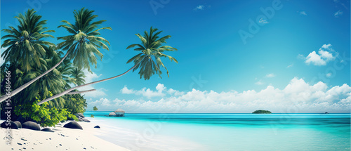 Beach Panorama with blue water and palm trees with negative space for texting  for sea hotels and resorts   © Hassan