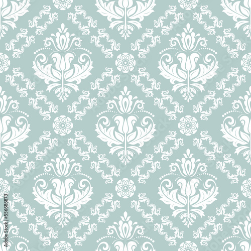 Classic seamless pattern. Damask orient ornament. Classic vintage background. Orient light blue and white ornament for fabric, wallpaper and packaging