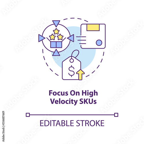 Focus on high velocity SKUs concept icon. Strategy for raising prices abstract idea thin line illustration. Isolated outline drawing. Editable stroke. Arial, Myriad Pro-Bold fonts used