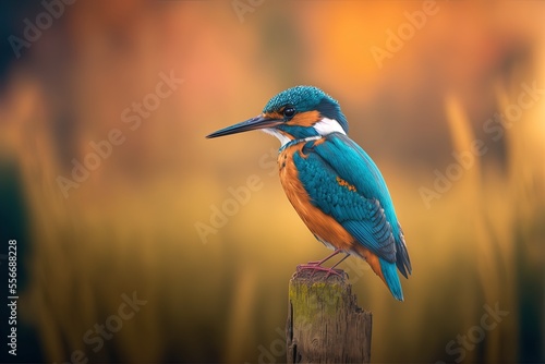 Canvas Print The common kingfisher is seen in a vertical orientation, sitting on a piece of wood, against a hazy backdrop