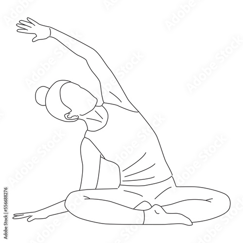 Line art of woman doing yoga in dynamic side stretch pose. Girl sitting on the ground and bend her arm to the left.