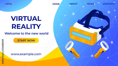 VR glasses and hand tracking controllers landing page template. Design of virtual reality headset on futuristic interface for banner, website. Cyberspace equipment for AR gaming, education, business