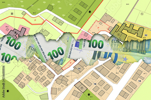 Land registry fees in European Union - concept with an imaginary cadastral map of territory with buildings and land parcel against european euro banknote