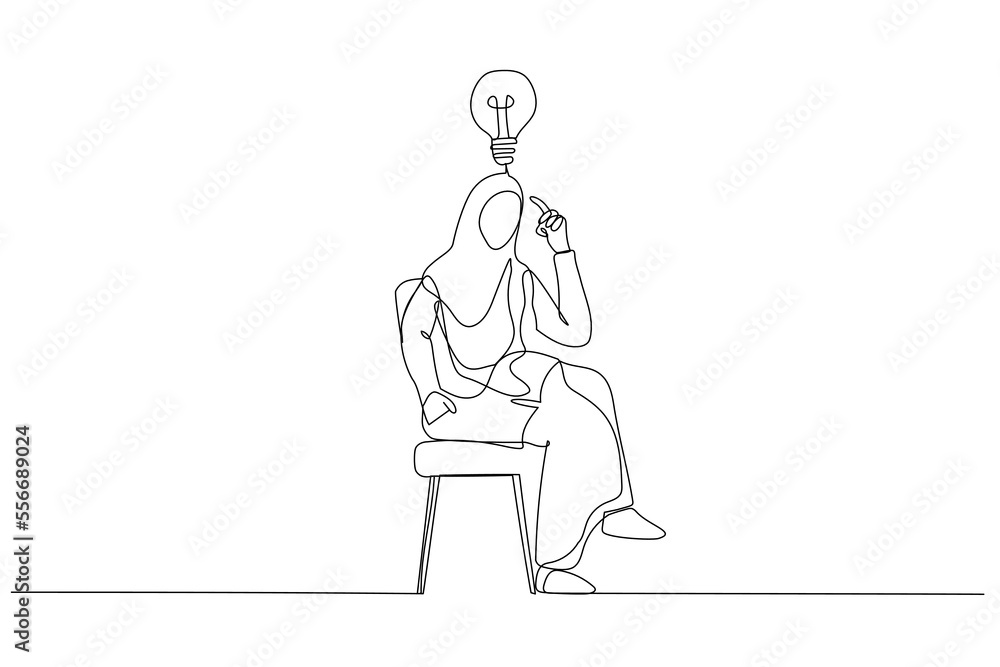 Cartoon of muslim businesswoman pointing finger to head and encouraging to think. Single line art style Cartoon of muslim businesswoman pointing finger to head and encouraging to think. Single line art style