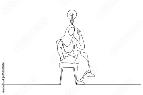Cartoon of muslim businesswoman pointing finger to head and encouraging to think. Single line art style
