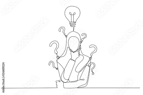 Illustration of muslim businesswoman with question mark and lamp. Single line art style