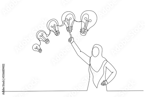 Drawing of muslim businesswoman with different sizes of idea. Continuous line art
