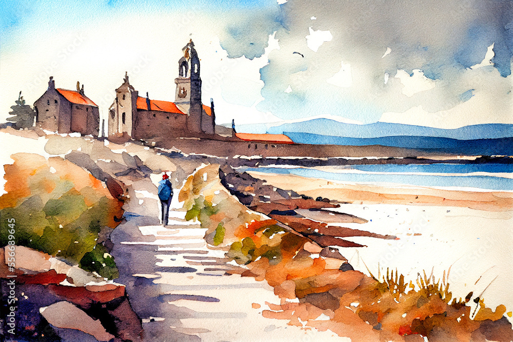 Way of St James , Camino de Santiago, Spain, watercolor landscape Stock ...