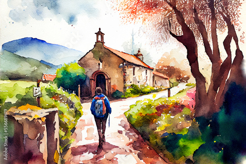 Fotobehang Way of St James , Camino de Santiago, Spain, watercolor landscape