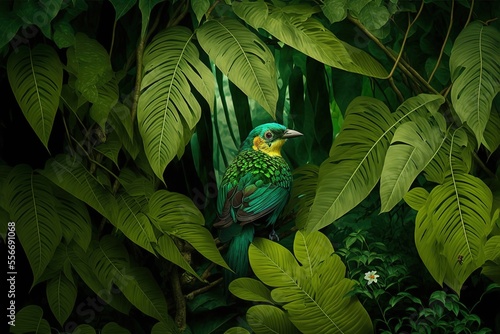 A green bird with a yellow throat in a tropical green forest, background with copy space, generative ai photo