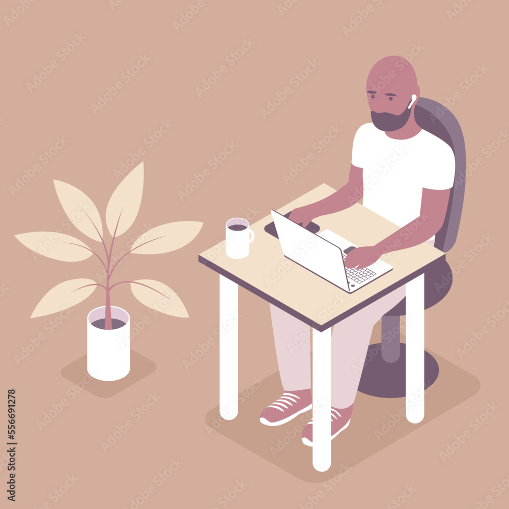 Modern young man works in the office at a laptop. Worker manager, programmer sit table. Successful business. Flat vector illustration isometric style Modern young man works in the office at a laptop. Worker manager, programmer sit table. Successful business. Flat vector illustration isometric style
