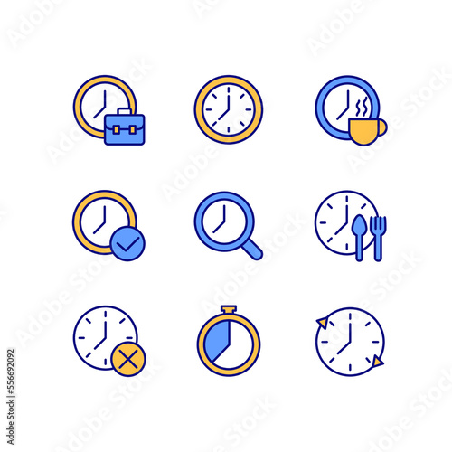 Timekeeping in daily life pixel perfect RGB color icons set. Manage time at workplace. Clock device. Isolated vector illustrations. Simple filled line drawings collection. Editable stroke