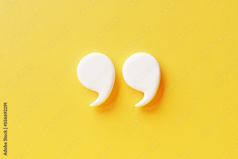 Quotation mark on yellow wall, White quotation mark 3d illustration