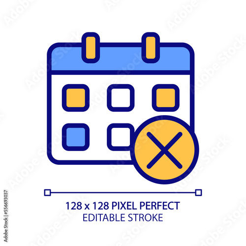 Decline event in calendar pixel perfect RGB color icon. Delete meeting. Remove task. Cancel appointment. Isolated vector illustration. Simple filled line drawing. Editable stroke. Arial font used