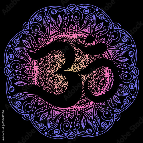 Om, aum symbol of Hinduism, sign in mandala isolated on black background. 