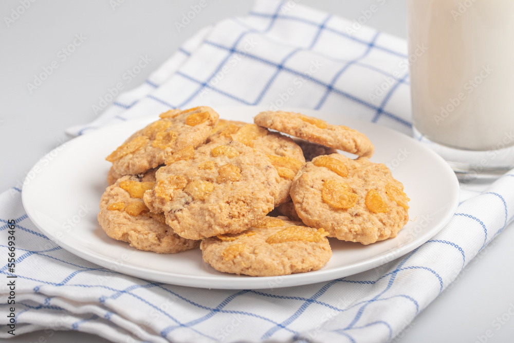 Cornflakes cookies on a white plate.Snack Cornflakes cookies on a white plate.Snack