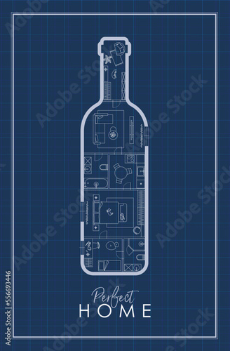 Construction drawing in wine bottle silhouette, living room, bathroom, kitchen, bedroom with lettering perfect home drawing on blue background.