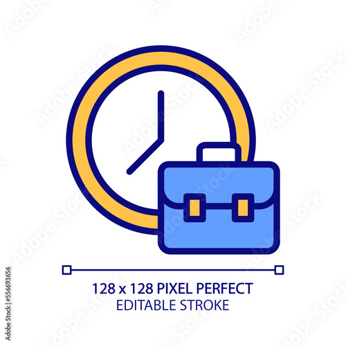 Working hours pixel perfect RGB color icon. Employment duration. Full-time employee. Work schedule. Isolated vector illustration. Simple filled line drawing. Editable stroke. Arial font used