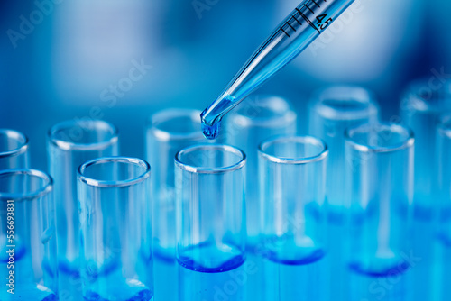 Cuadro en lienzo Test tubes with blue liquid water samples and pipette over blue background