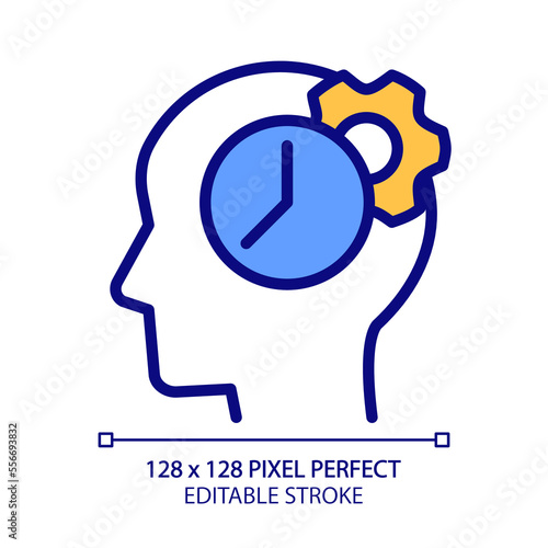 Time for thinking process pixel perfect RGB color icon. Synchronizing biological clock. Keep learning. Isolated vector illustration. Simple filled line drawing. Editable stroke. Arial font used