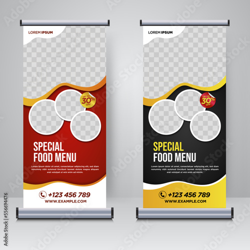 Food and Restaurant roll up banner design template	
