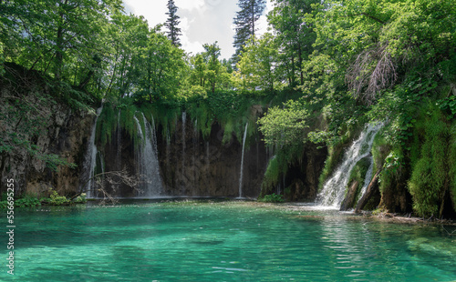 Plitvice Lakes in Croatia. Sightseeing place. Very popular among tourists. Beautiful Landscape and Nature. Summer view of beautiful waterfalls in Plitvice Lakes National Park