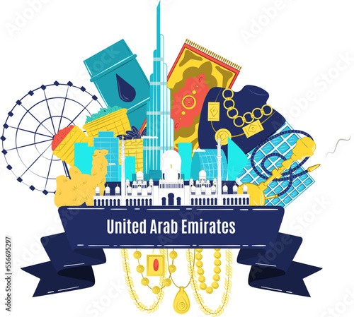 Arab Emirates, vector illustration. UAE sign, modern urban silhouette, office building. Traditional panorama east. Symbol culture and business east.