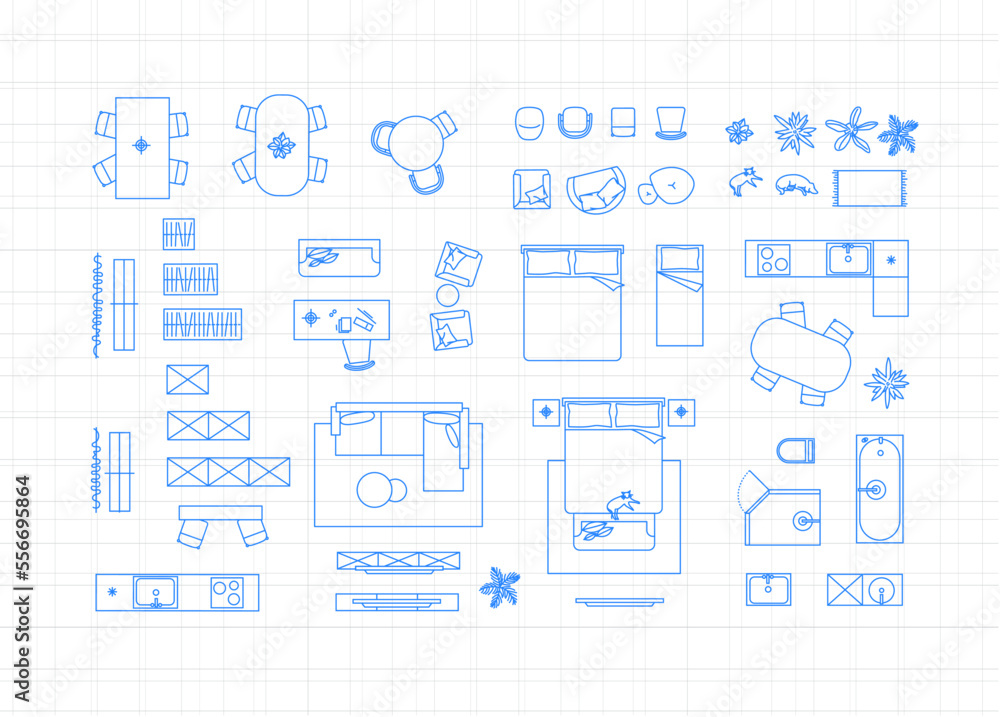 Construction drawing furniture icons for living room, bathroom, kitchen, bedroom drawing on light background.