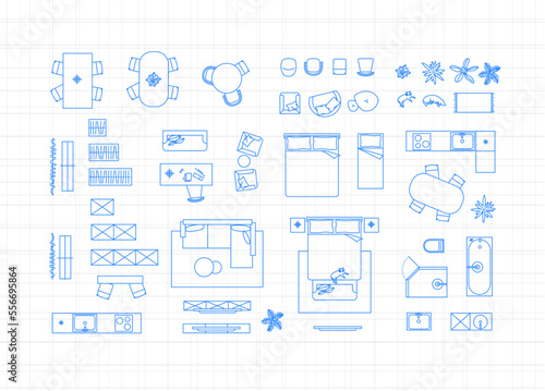 Obraz na płótnie Construction drawing furniture icons for living room, bathroom, kitchen, bedroom drawing on light background. w salonie