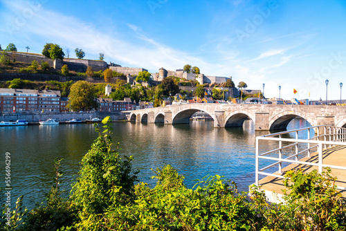 Canvas-taulu The stone arches of the bridge of Jambes over the Meuse at the foot of the hill