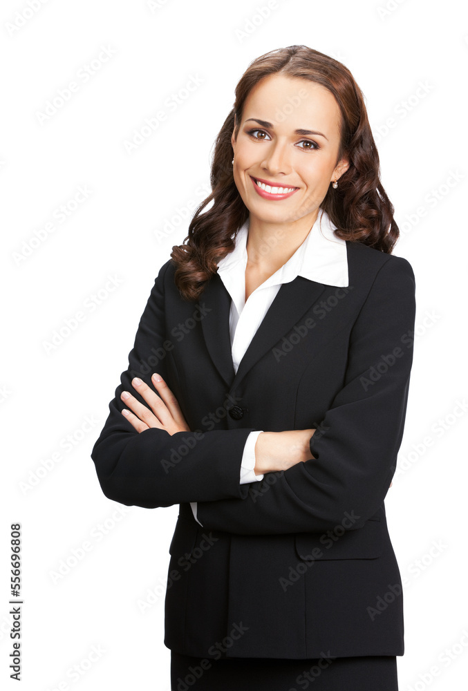 Portrait image of happy smiling young business woman standing in crossed arms pose, black confident suit, isolated on white background. Female executive office worker, teacher or real estate agent. Portrait image of happy smiling young business woman standing in crossed arms pose, black confident suit, isolated on white background. Female executive office worker, teacher or real estate agent.