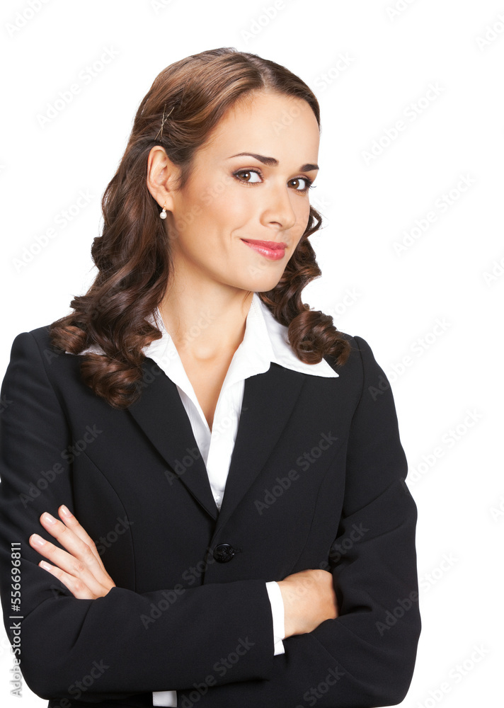 Portrait image of smiling young business woman in black confident suit, isolated on white background. Portrait image of smiling young business woman in black confident suit, isolated on white background.