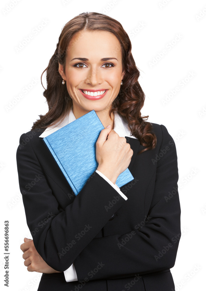 Portrait image of happy smiling young business woman black confident suit with notepad organizer. Executive office worker, teacher or real estate agent, isolated on white background Portrait image of happy smiling young business woman black confident suit with notepad organizer. Executive office worker, teacher or real estate agent, isolated on white background
