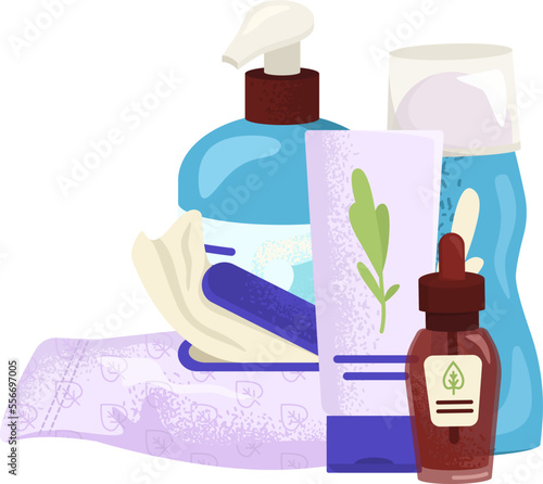 Hygiene bath product vector illustration. Beauty care by soap, shampoo bottle, liquid and cosmetic spray icon collection. Flat plastic container