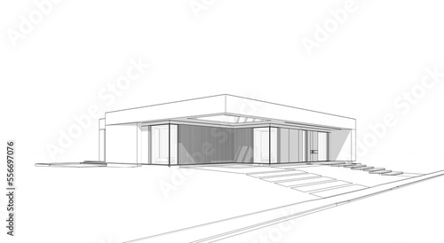 3d rendering of new concrete house in modern style with pool and parking for sale or rent and beautiful landscaping on background. Black line sketch with soft light shadows on white background.