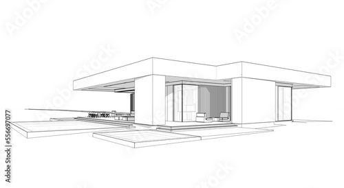 3d rendering of new concrete house in modern style with pool and parking for sale or rent and beautiful landscaping on background. Black line sketch with soft light shadows on white background.
