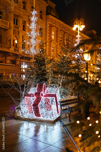 Christmas market at night in Zagreb. Part of Advent in Zagreb, most beautiful Christmas market in Europe.  Christmas decorations. 