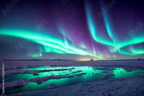 Aurora borealis landscape in arctic, night, iceberg and ocean mattepainting illustration 