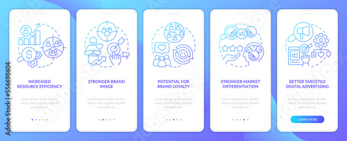 Benefits of market segmentation blue gradient onboarding mobile app screen. Walkthrough 5 steps graphic instructions with linear concepts. UI, UX, GUI template. Myriad Pro-Bold, Regular fonts used