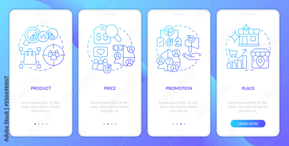 Four P marketing mix blue gradient onboarding mobile app screen. Walkthrough 4 steps graphic instructions with linear concepts. UI, UX, GUI template. Myriad Pro-Bold, Regular fonts used Four P marketing mix blue gradient onboarding mobile app screen. Walkthrough 4 steps graphic instructions with linear concepts. UI, UX, GUI template. Myriad Pro-Bold, Regular fonts used