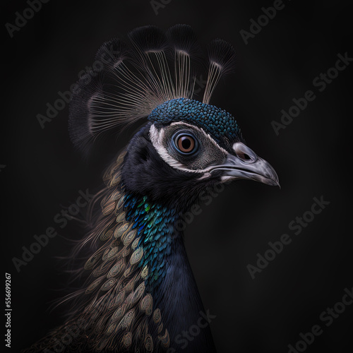 Canvas Print Peacock Portrait Black Background-Generative AI
