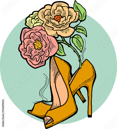Beautiful vector composition. High heels shoes decorated with rose flowers. Wedding style invitation, fashion poster, postcard print, shoe shop logo design, shopping sale promotion. Hand drawing.