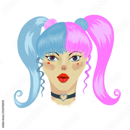 E girl illustration of a girl with pink and blue hair, red lips. There are red hearts on the cheeks under the eyes.