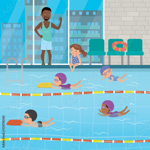 Coach man teaching children, swimming class. Multiethnic school kids group in swimming pool. Various kids characters swimming in poolside, training, education, learning to swim.
