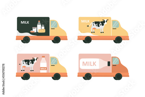 Set of milk vans, isolated on white background. Truck full of bottled milk for customers. Delivery organic products from dairy farm. Van with assortment of milk, sour cream, yogurt and eggs.