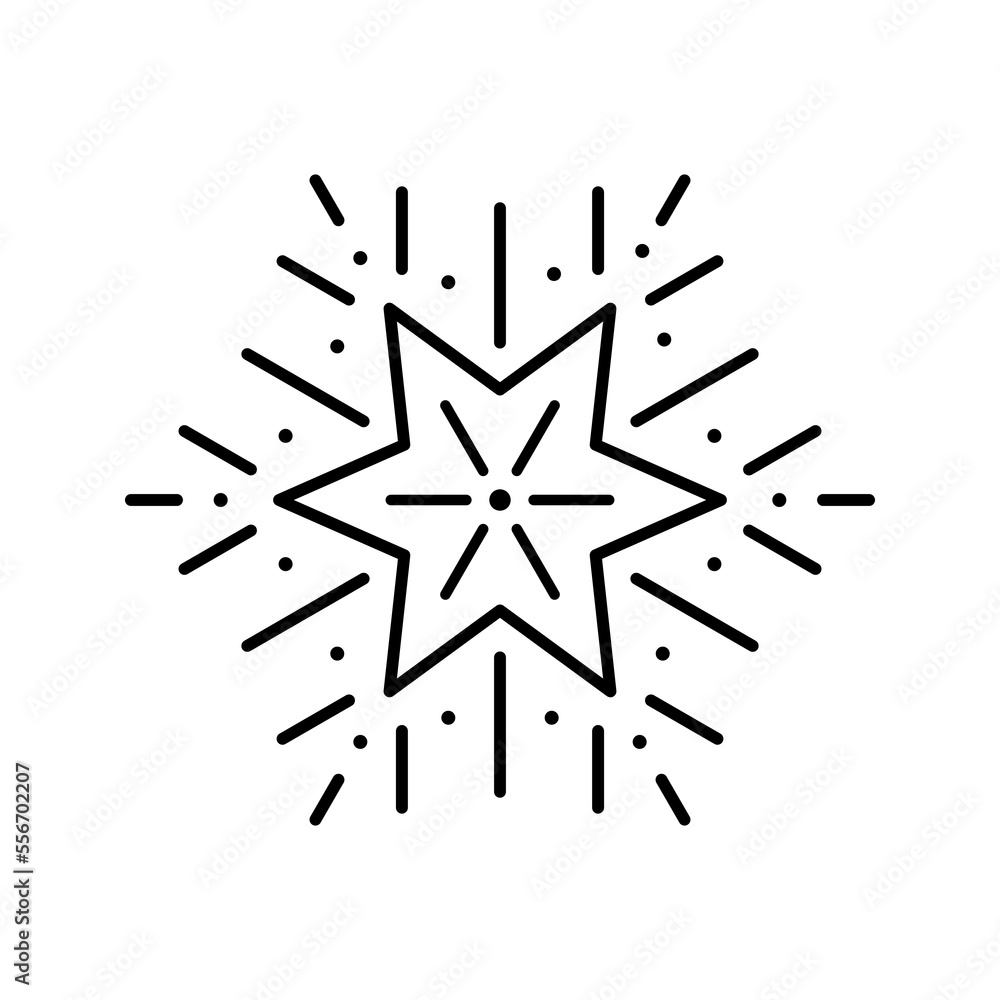 Isolated vector Star Icon on white background. The black outline of star and rays. Christmas winter sign. Modern design for decorations, creatives, greeting cards, packaging design, banners, and web. Isolated vector Star Icon on white background. The black outline of star and rays. Christmas winter sign. Modern design for decorations, creatives, greeting cards, packaging design, banners, and web.