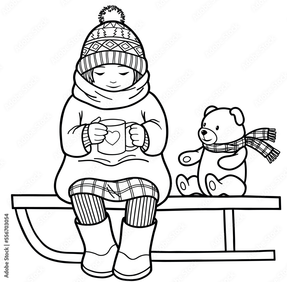 Hand-drawn coloring page with girl and teddy bear. Black and white images on white background. Hand-drawn coloring page with girl and teddy bear. Black and white images on white background.