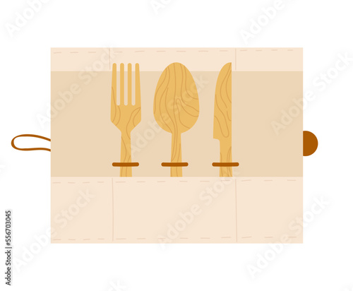 Zero waste cutlery. Reusable wooden kitchenware, eco friendly product vector illustration