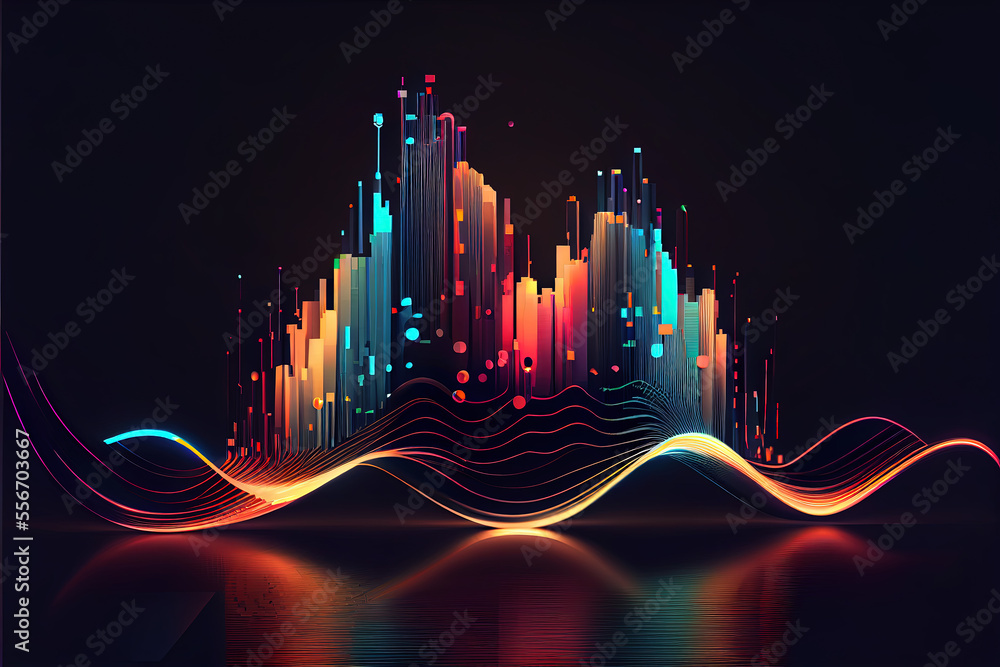 abstract sound wave skyline background in neon lights, created with generative ai